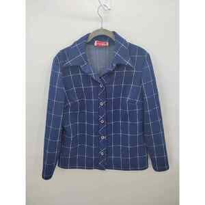 Vintage Checkaberry Blue windowpane over-shirt blazer polyester smoking jacket